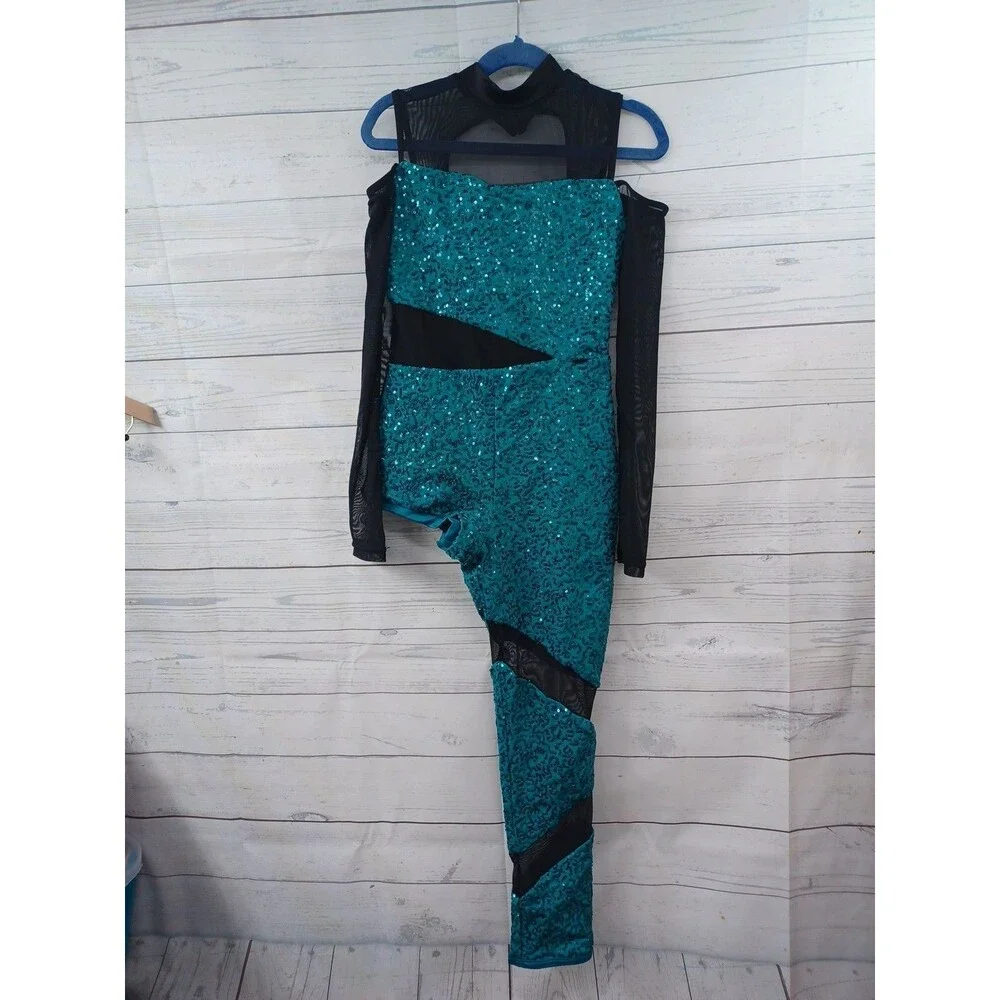 WEISSMAN Gamelan Dance Unitard Sheer One Leg Green Sequined Girl M Sz MC RN64830